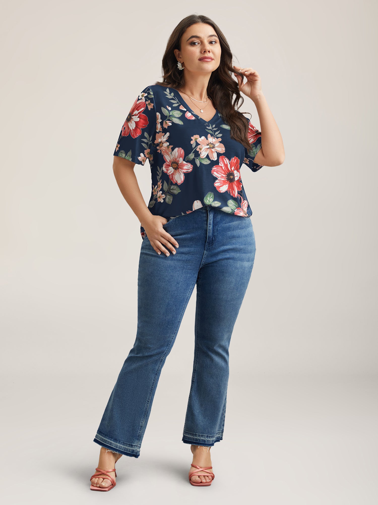 Multi-Color Floral Print V-Neck T-Shirt