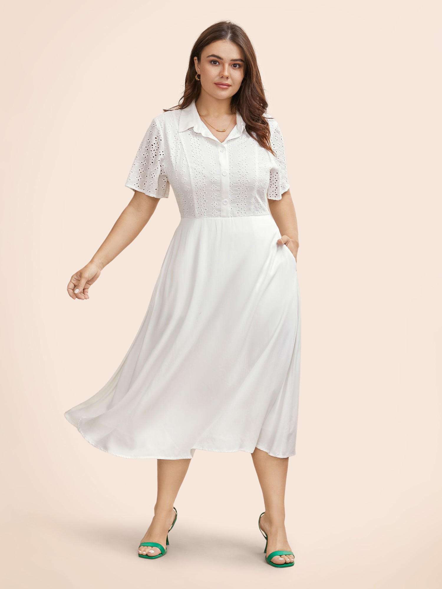 Shirt Collar Broderie Anglaise Midi Dress