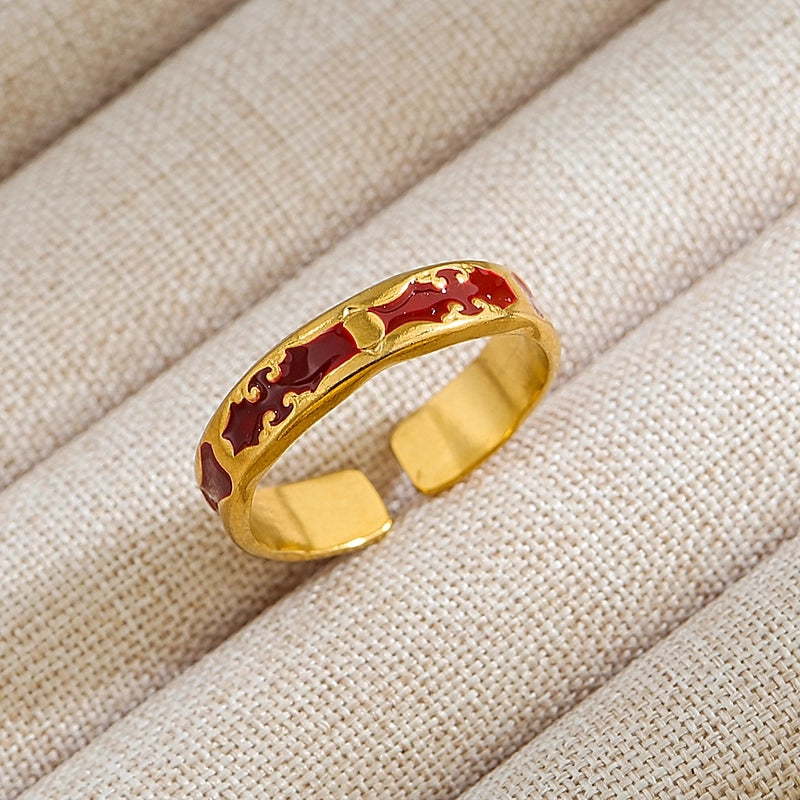 Rock Oversized Leaves Eye Flower 304 Stainless Steel Gem 18K Gold Plated Inlay Open Rings