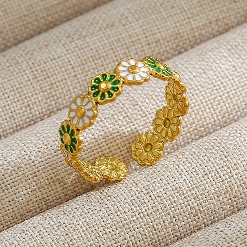 Rock Oversized Leaves Eye Flower 304 Stainless Steel Gem 18K Gold Plated Inlay Open Rings