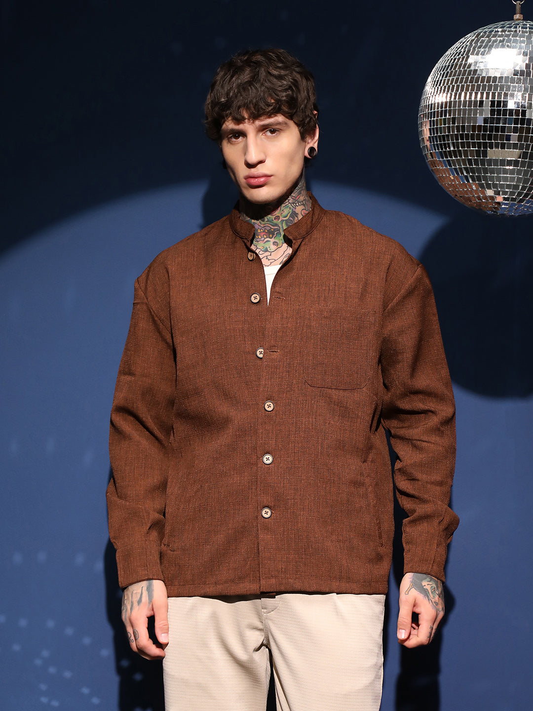 Band-Collar Heathered Shacket