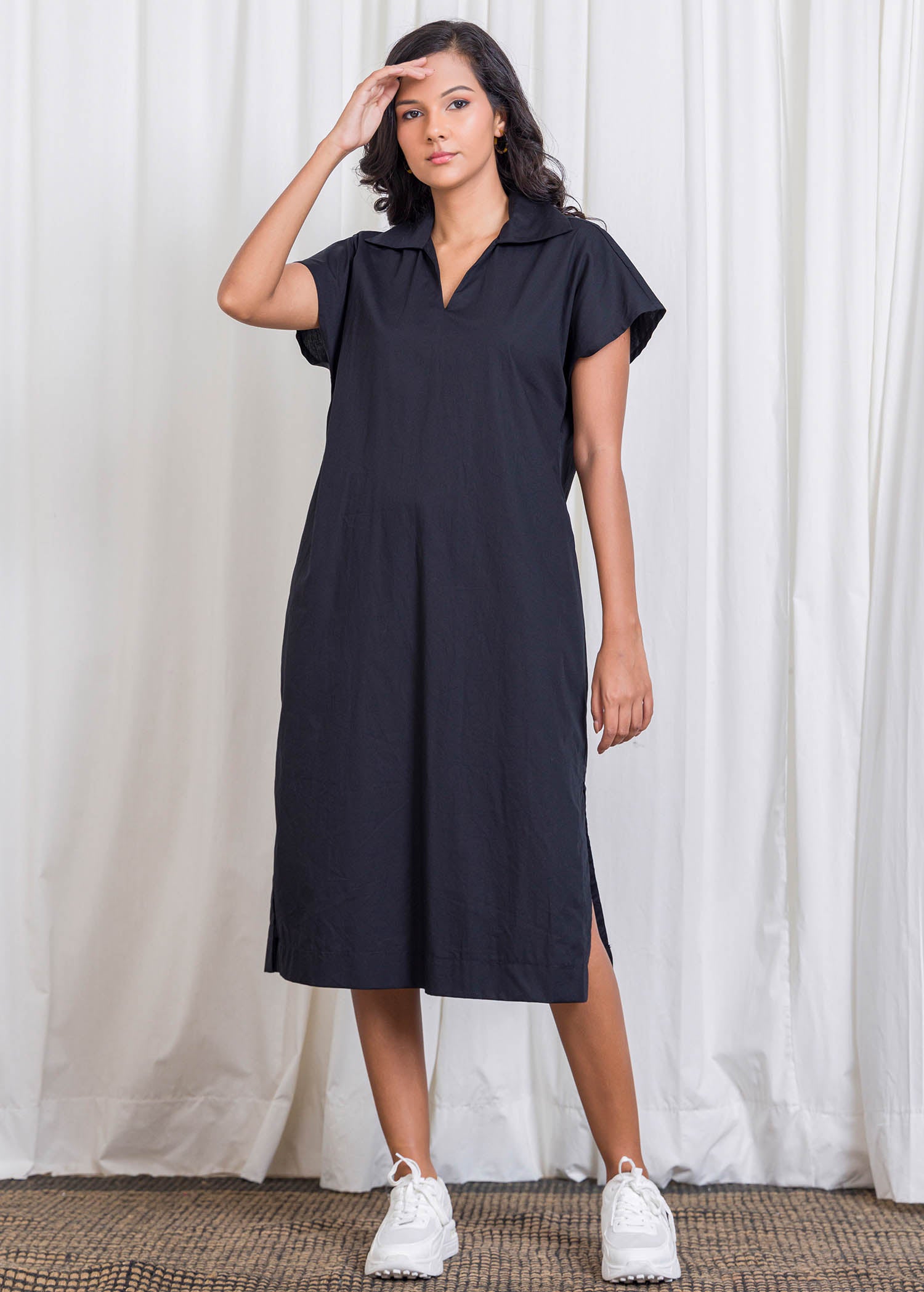 Midi Dress With Collar And Side Slits