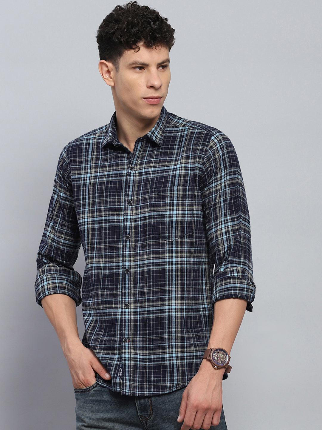 Men Navy Blue Check Collar Full Sleeve Shirt