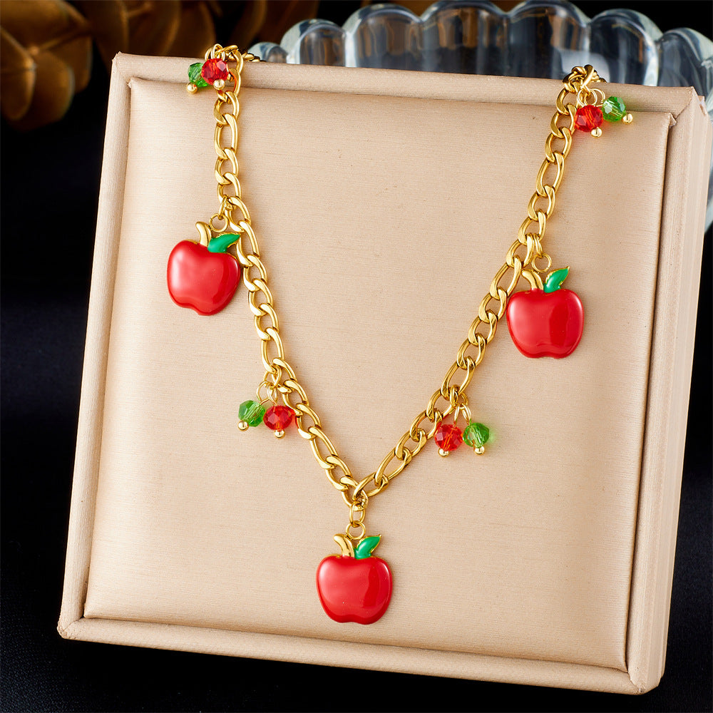 Fashion Cartoon Fruit Series Three-Dimensional Design Red Oil Drop Strawberry Cherry Apple Pendant Necklace
