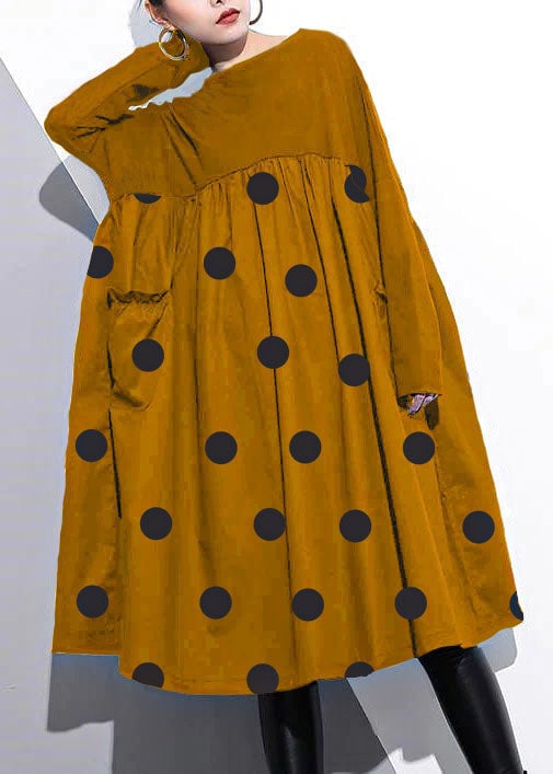 Elegant Cinched o neck Cotton clothes For Women Tutorials  Yellow chrysanthemum Dresses