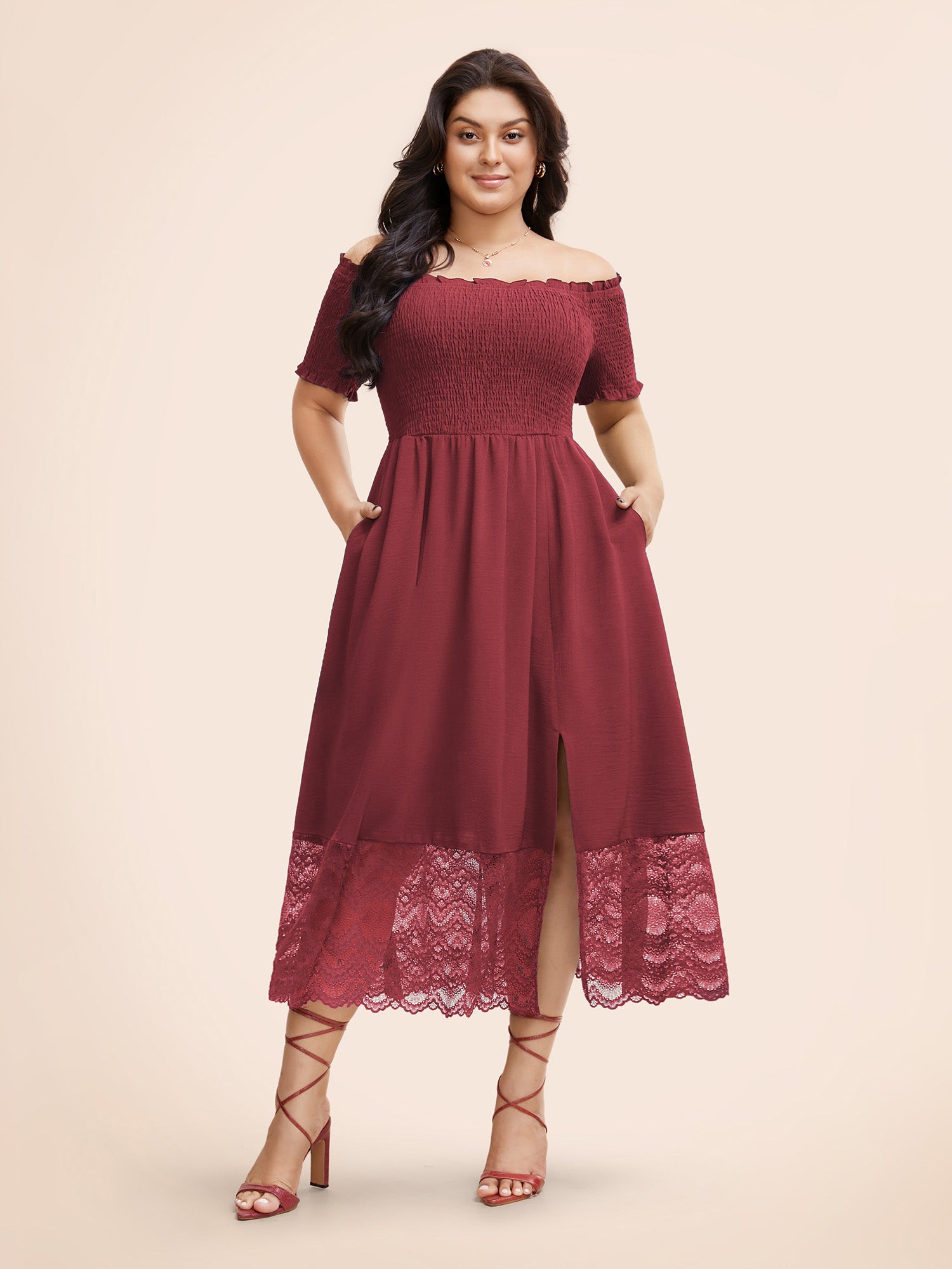 Off Shoulder Shirred Lace Patchwork Dress