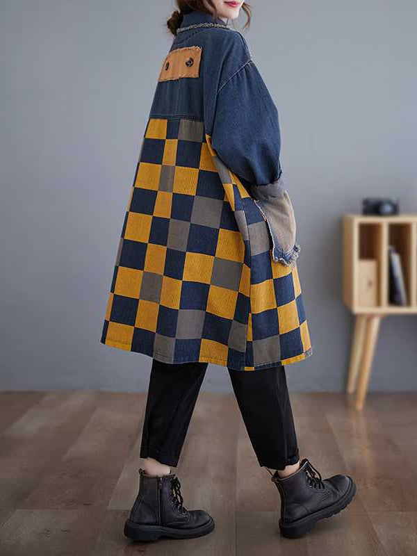 Long Sleeves Loose Buttoned Fringed Plaid Pockets Split-Joint Notched Collar Denim Outerwear
