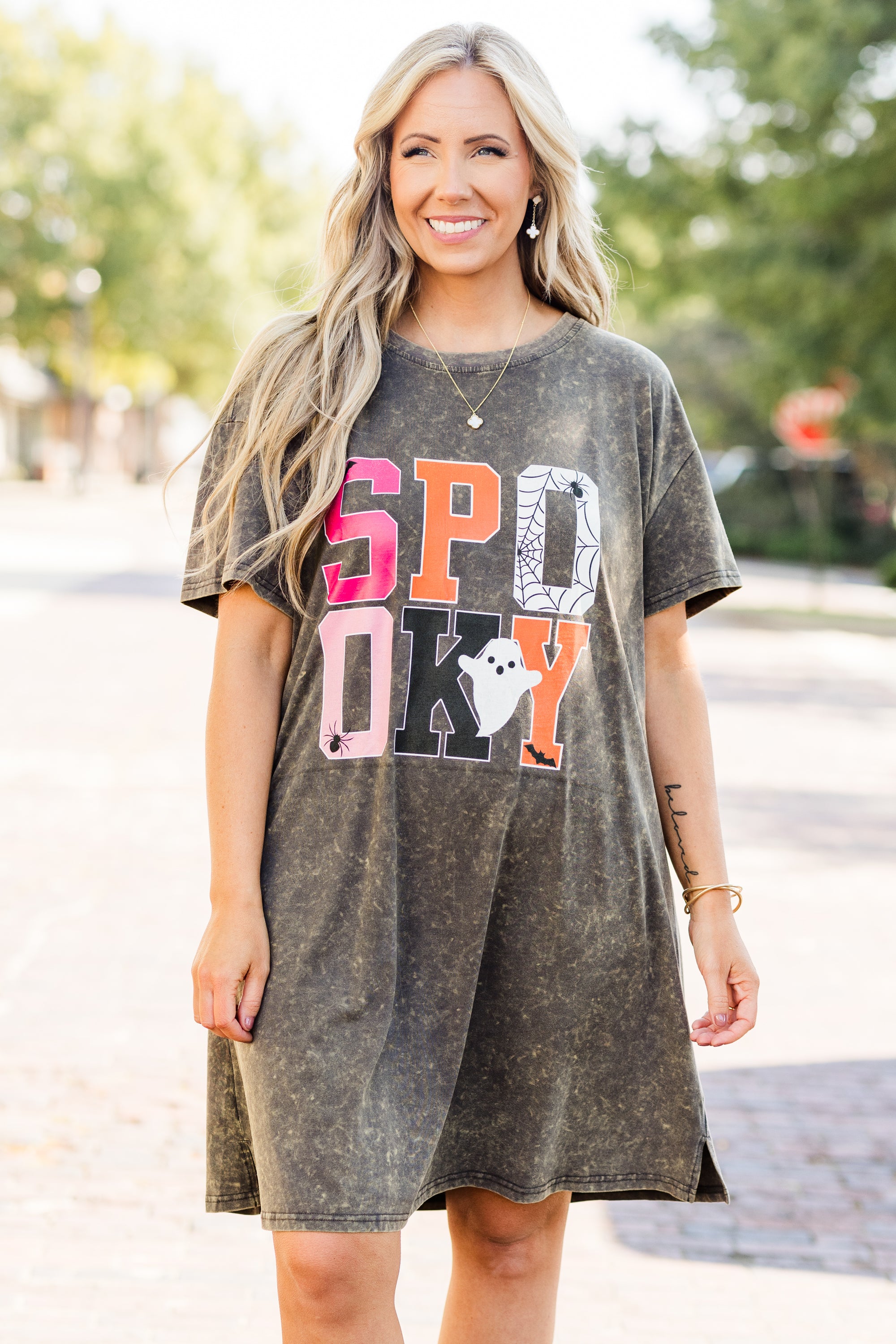 It's Spooky Season T-Shirt Dress. Charcoal