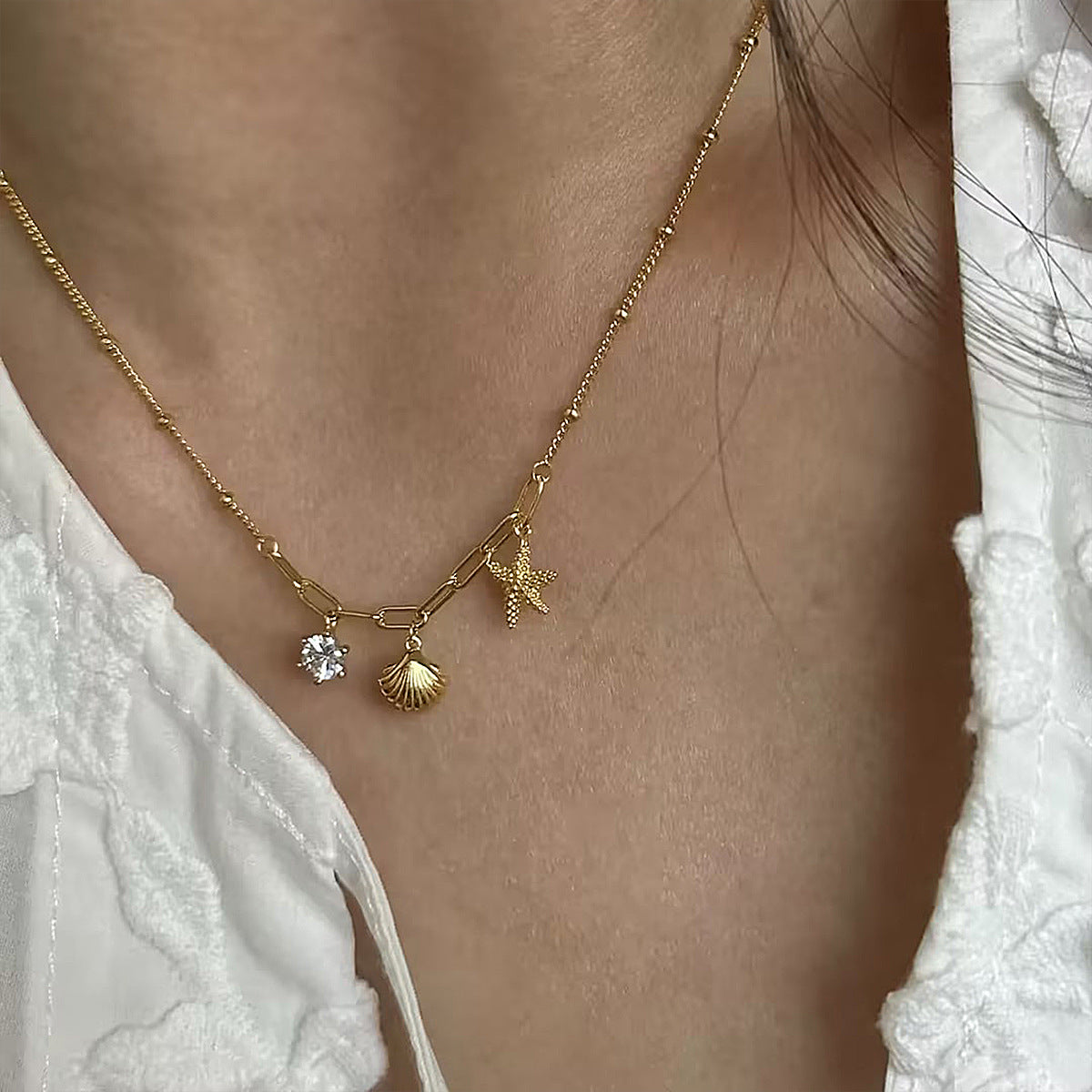Stainless Steel Starfish Shell Zircon Pendant Necklace Niche Design Ocean Style Titanium Steel Clavicle Chain