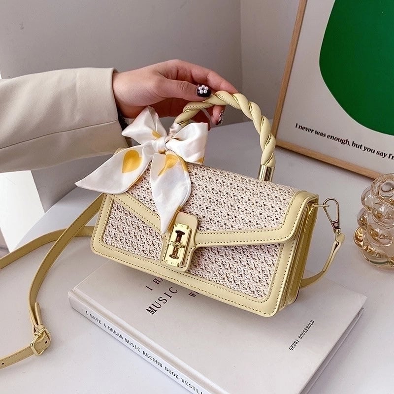 Women's Medium Straw Solid Color Fashion Ribbon Square Flip Cover Crossbody Bag