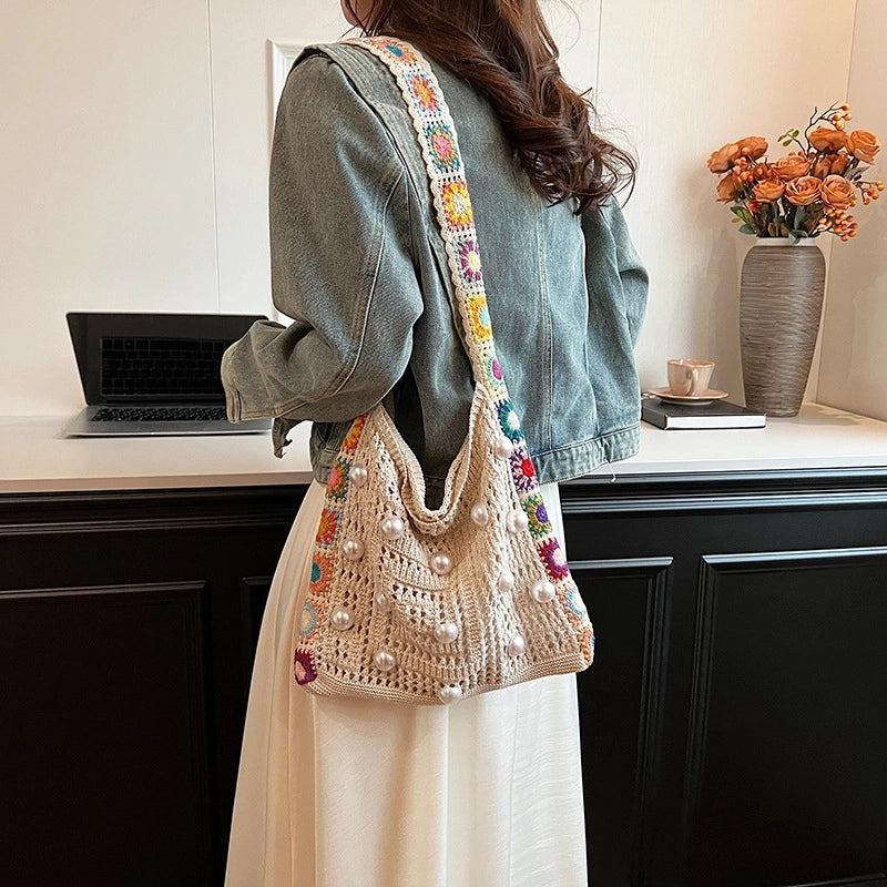 Women's Large Knit Solid Color Flower Basic Classic Style Pearls Weave Open Straw Bag