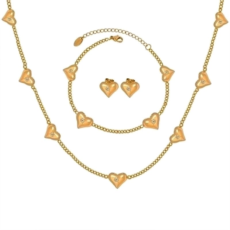 Elegant Minimalist Heart Shape Titanium Steel Zircon 18K Gold Plated Inlay Bracelets Earrings Necklace