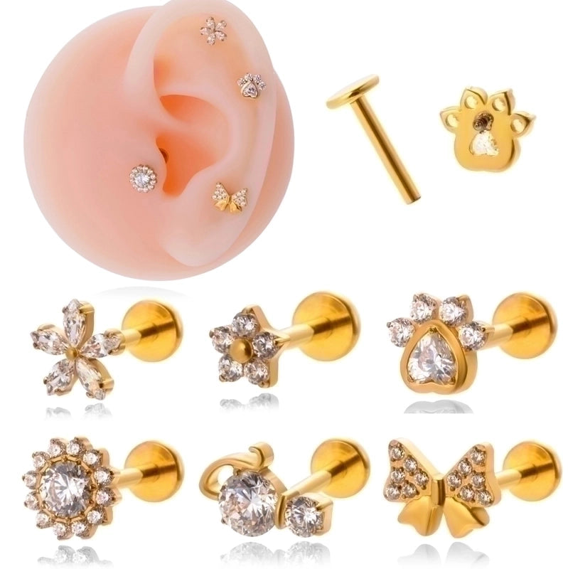 1 Piece Ear Cartilage Rings & Studs IG Style Vintage Style Geometric Flower Bow Knot Pure Titanium Plating Inlay Zircon