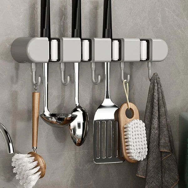 6 Slot & 6 Hook Wall Mounted Holder For Mop. Broom. Kitchen. Garden