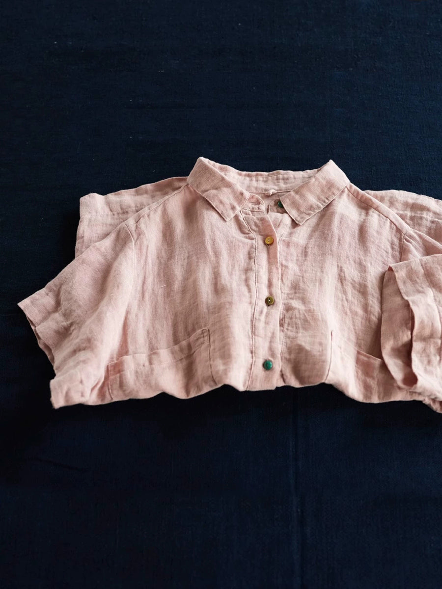 Women Summer Pure Color Turn-down Collar 100%Linen Shirt