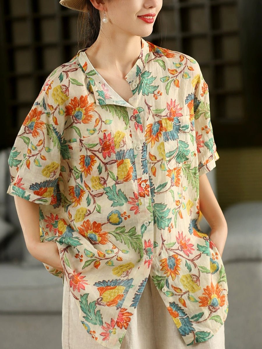 Women Summer Artsy Flower Turn-down Collar 100%Raime Shirt