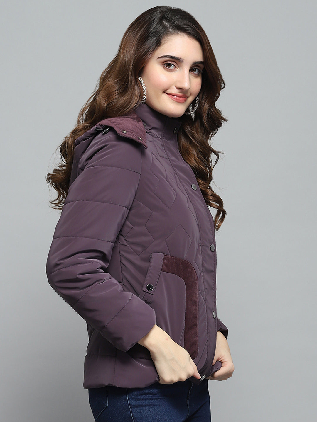 Women Burgundy Solid Detachable Hood Full Sleeve Jacket