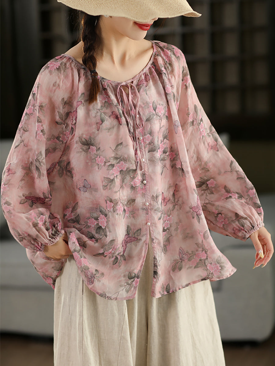 Women Summer Artsy Flower O-Neck 100%Raime Shirt