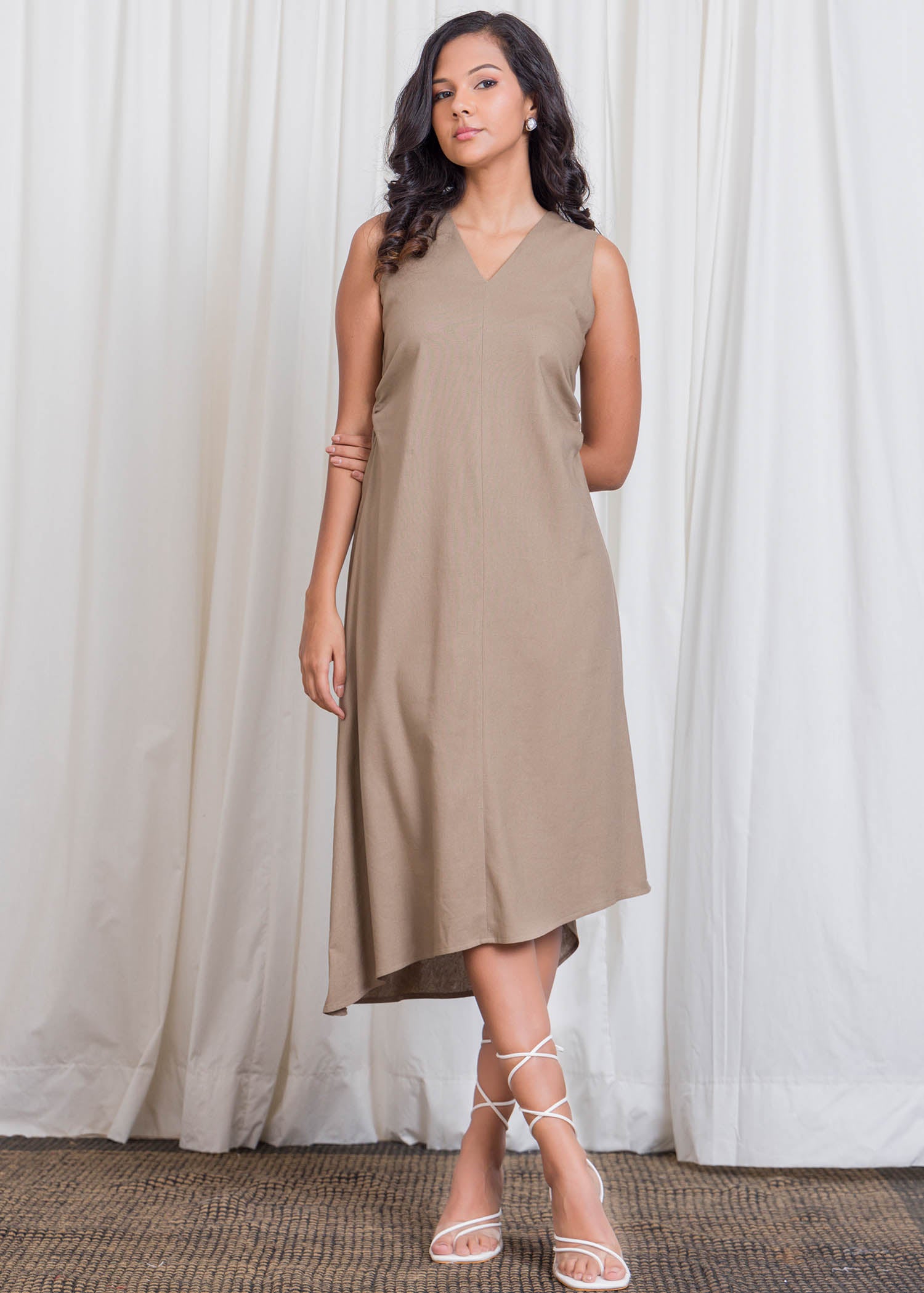 Uneven Hem Midi Dress With Side Ruched Detail