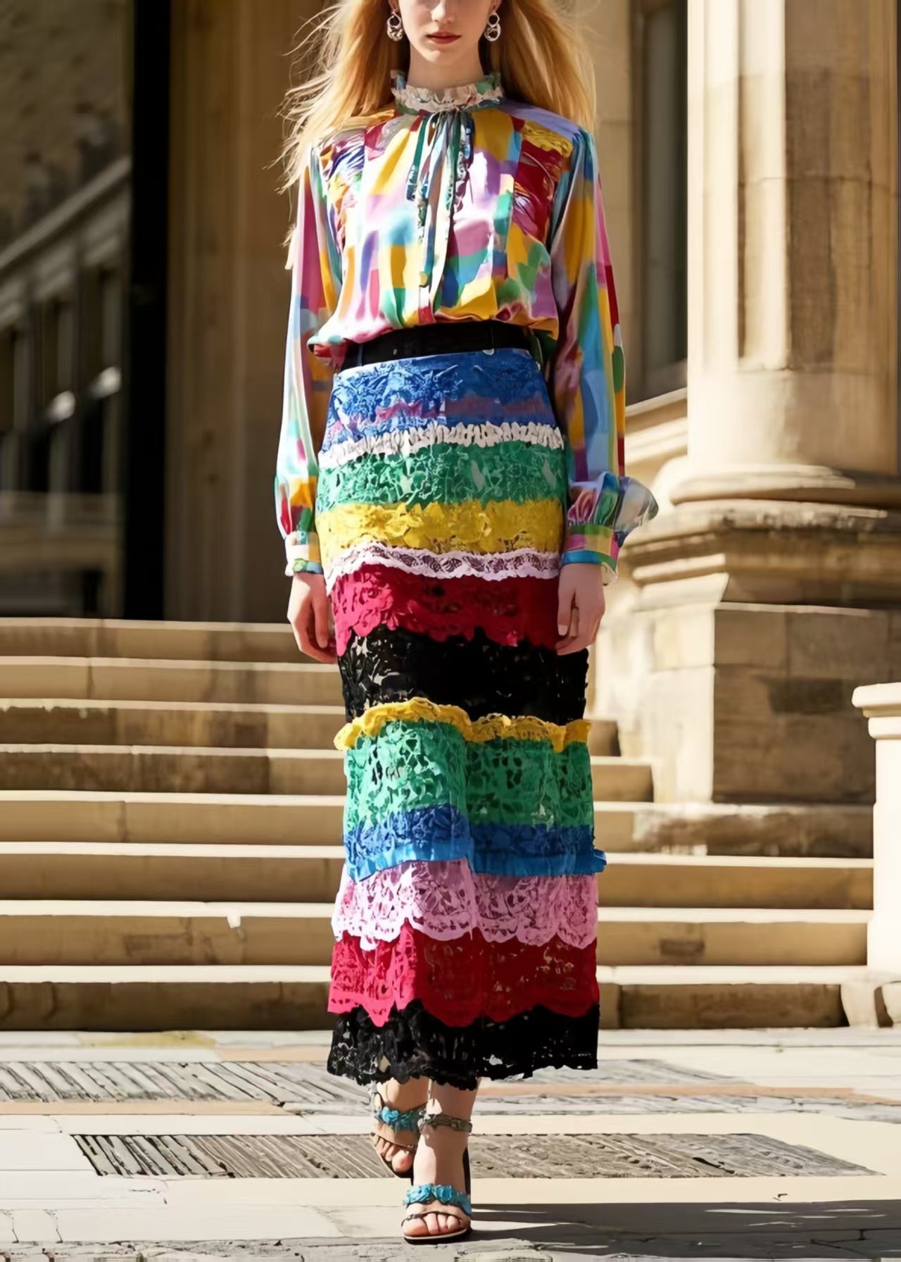 Silm Fit Polychrome Wraped Patchwork Lace Skirt Spring