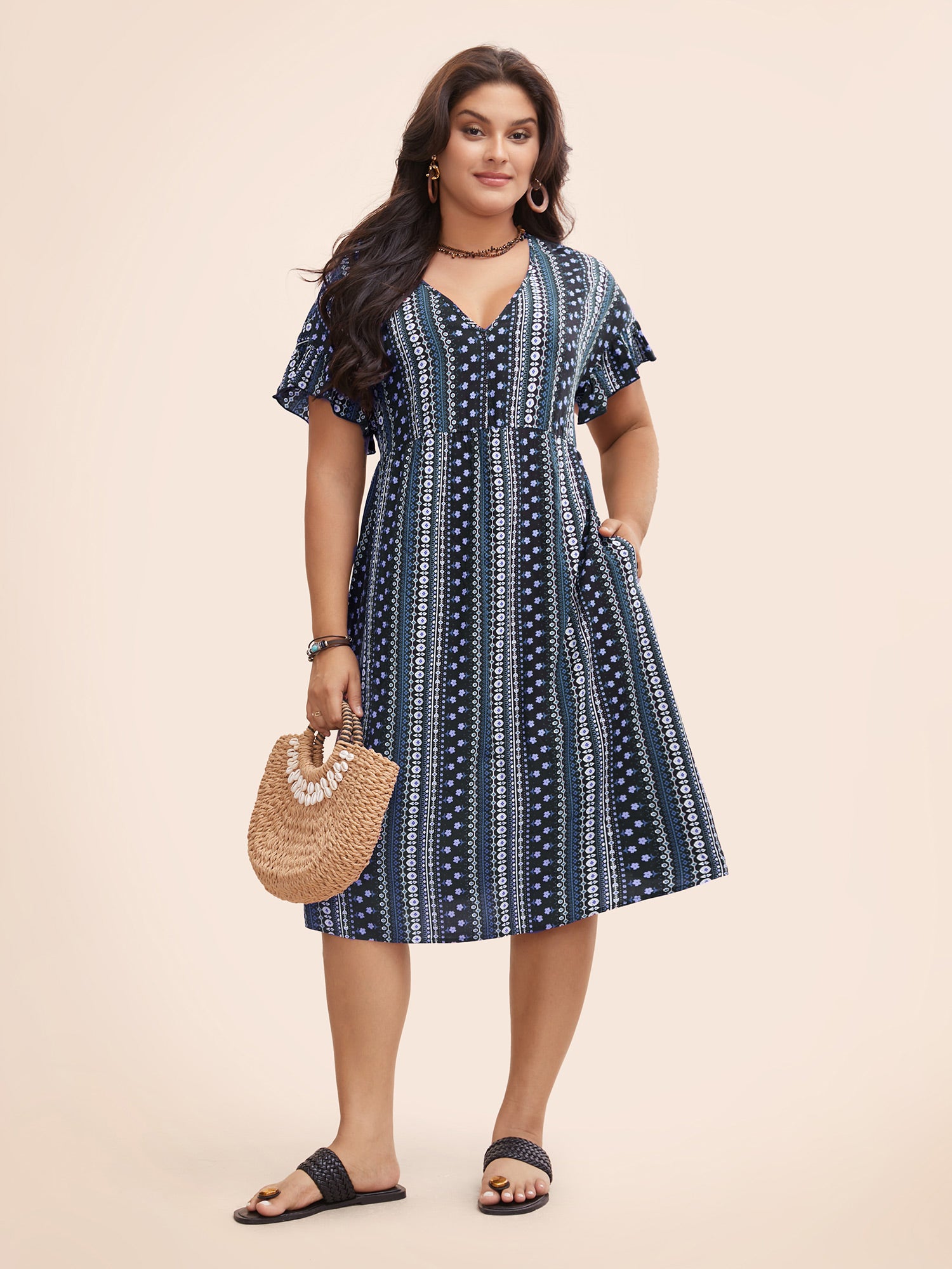 Bandana Print Pocket V Neck Ruffle Sleeve Dress