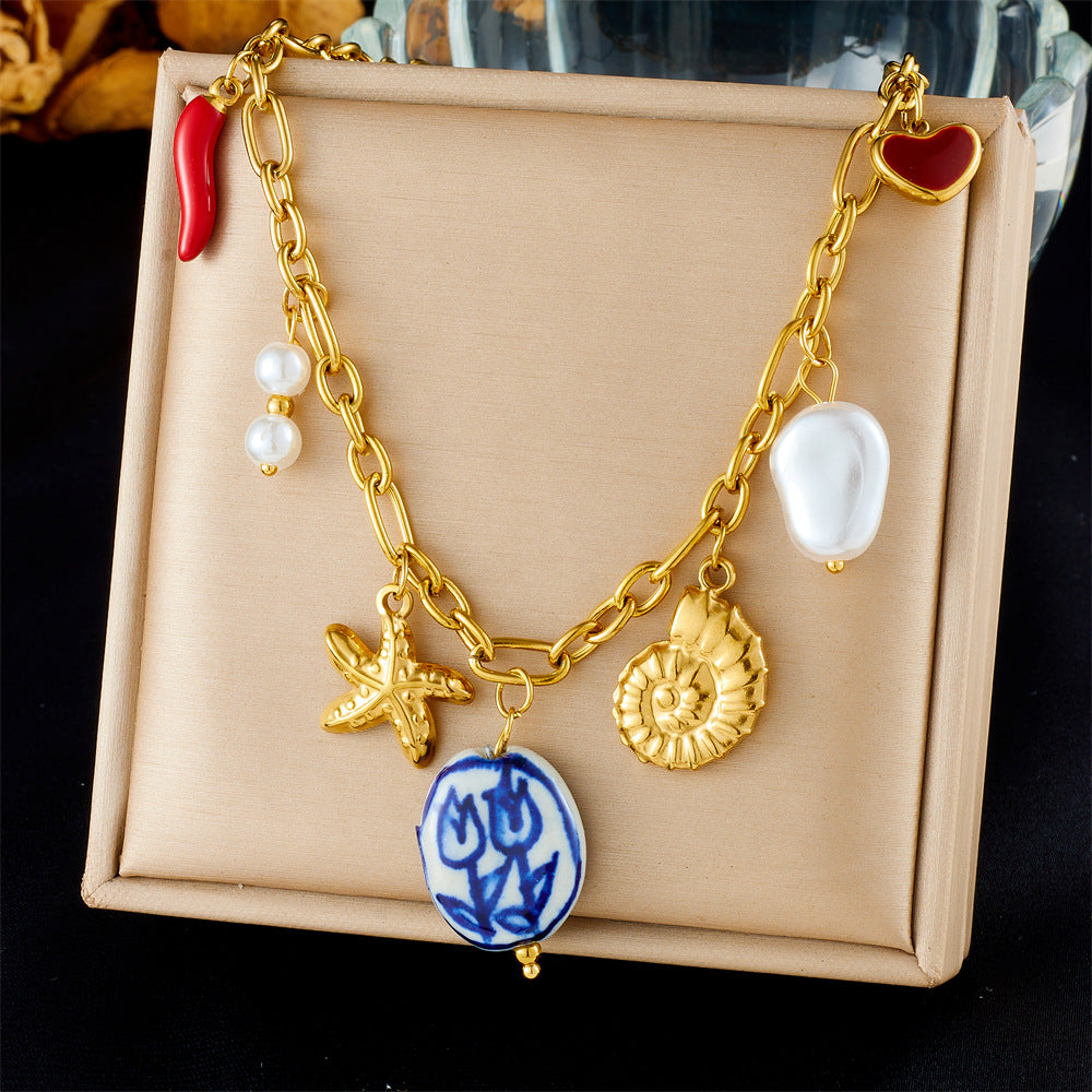 Fashion Holiday Advanced Multi-Element Marine Life Pendant Shell Starfish Sun Stainless Steel Necklace