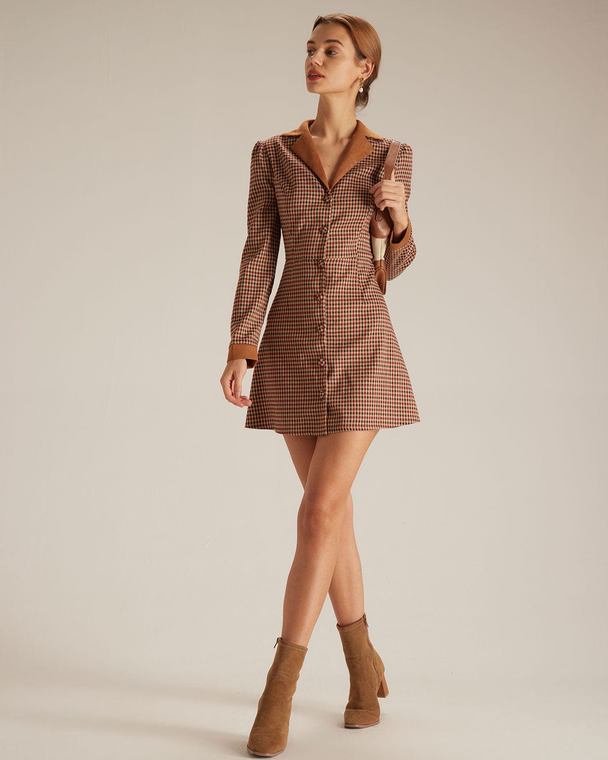 The Brown Plaid Spliced Suede Mini Dress