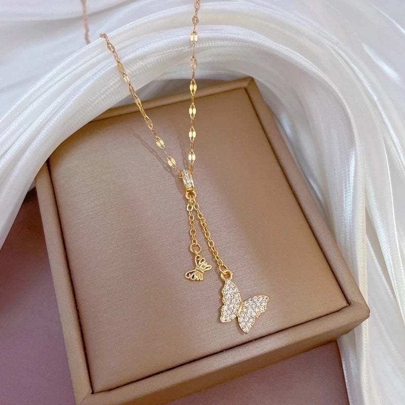 Minimalist Butterfly Titanium Steel Copper Plating Inlay Zircon Pendant Necklace