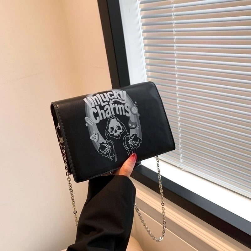 Women's Pu Leather Portrait Animal Letter Vintage Style Punk Maximalism Sewing Thread Square Hidden Buckle Flip Cover Crossbody Bag
