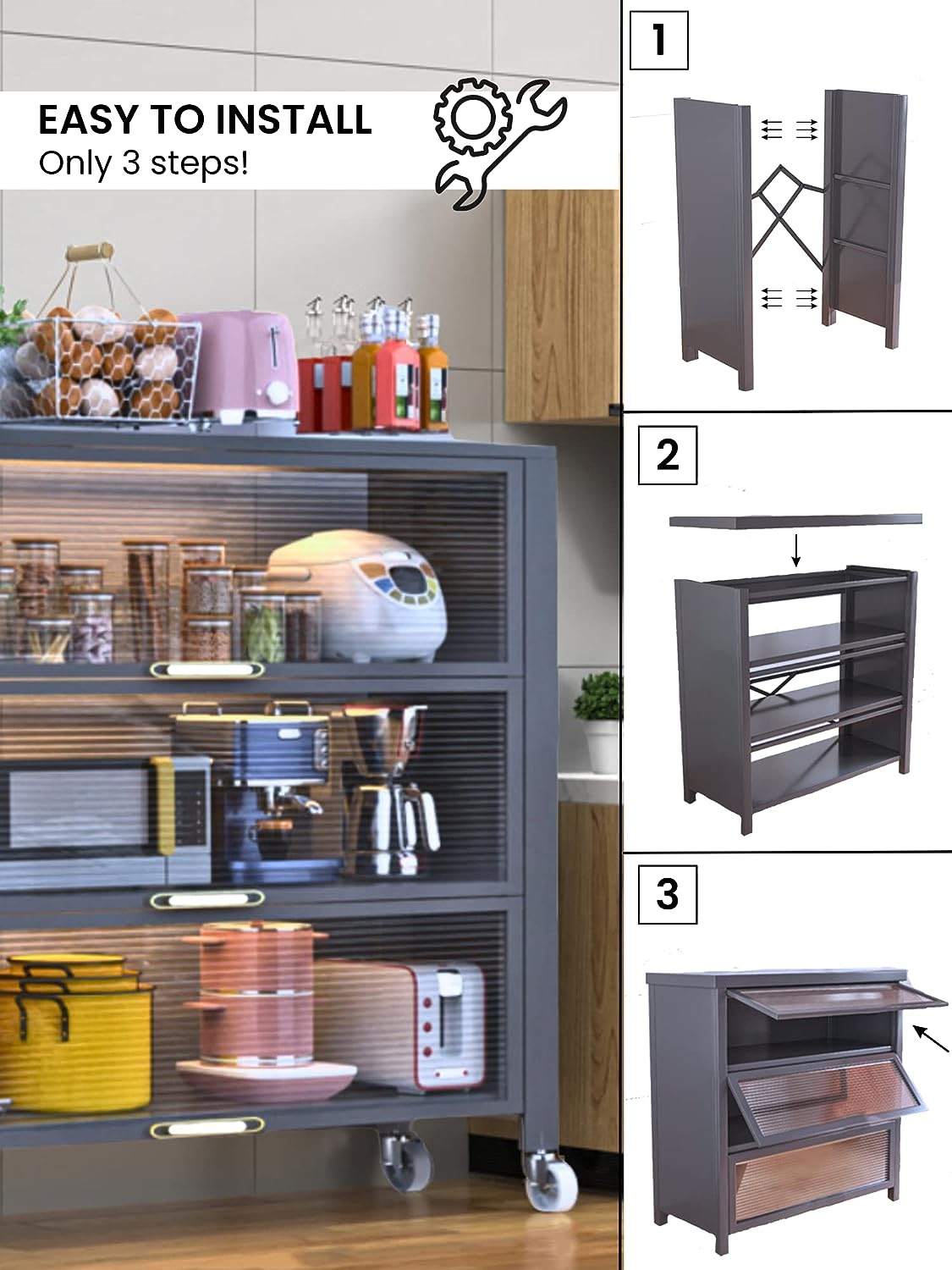 Kitchen Home Storage Organizer Cabinet Shelves With Doors & Wheels