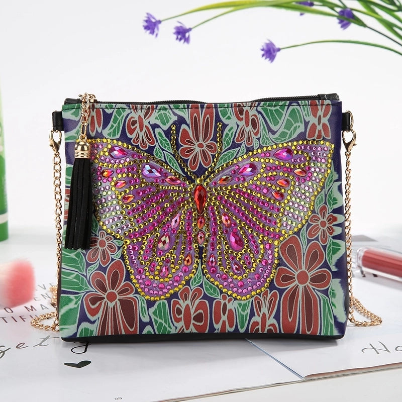 Women's Pu Leather Animal Flower Butterfly Ethnic Style Rhinestone Diamonds Zipper Crossbody Bag