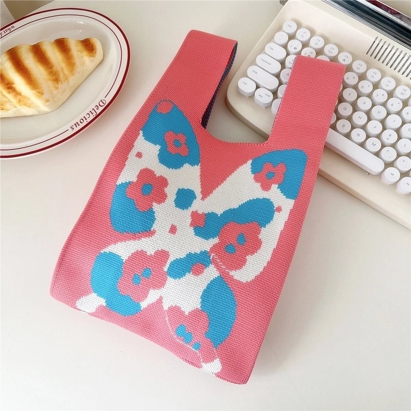 Women's Small Knit Flower Butterfly Vintage Style Open Shopping Bags