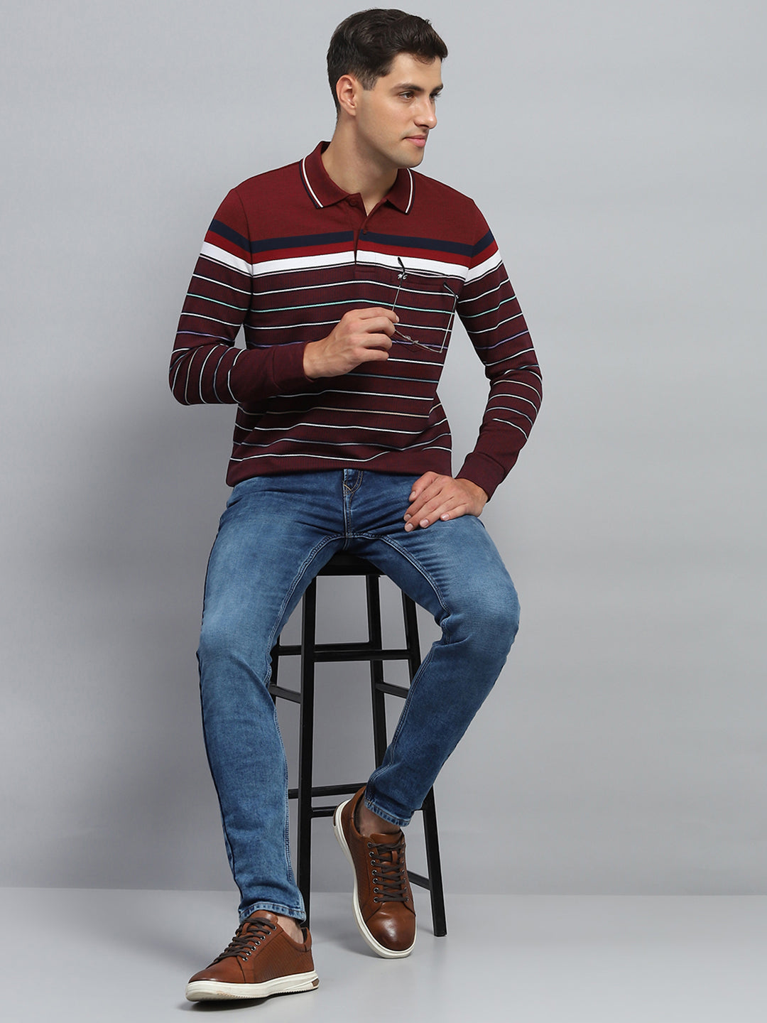 Men Maroon Stripe Collar Full Sleeve Winter T-Shirt