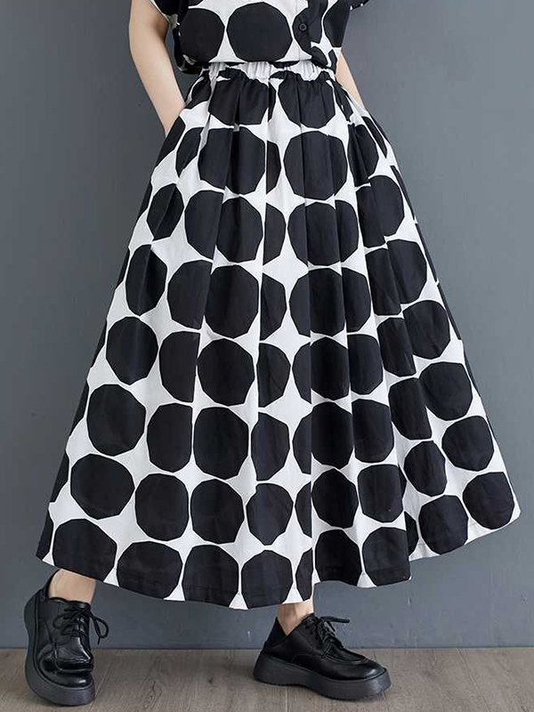 Loose Short Sleeves Buttoned Polka-Dot Lapel Blouse Tops Skirts Bottoms Two Pieces Set