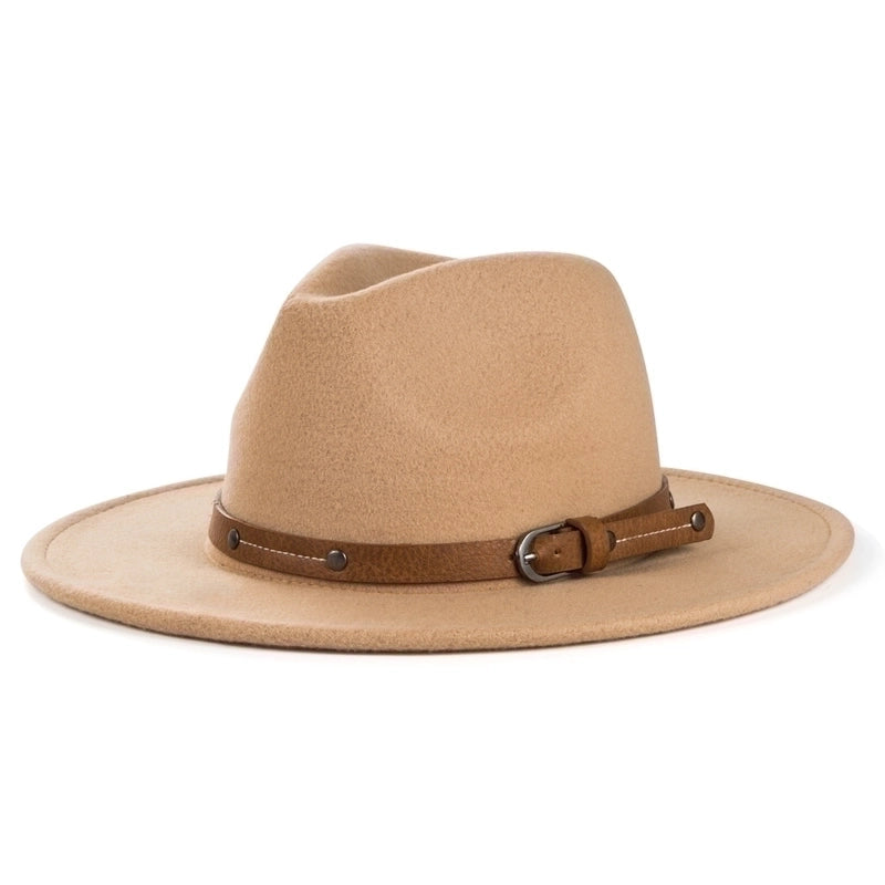 Retro Woolen Hats For Men And Women Belt Metal Buckle Felt Hat Simple Big Brim Jazz Hat