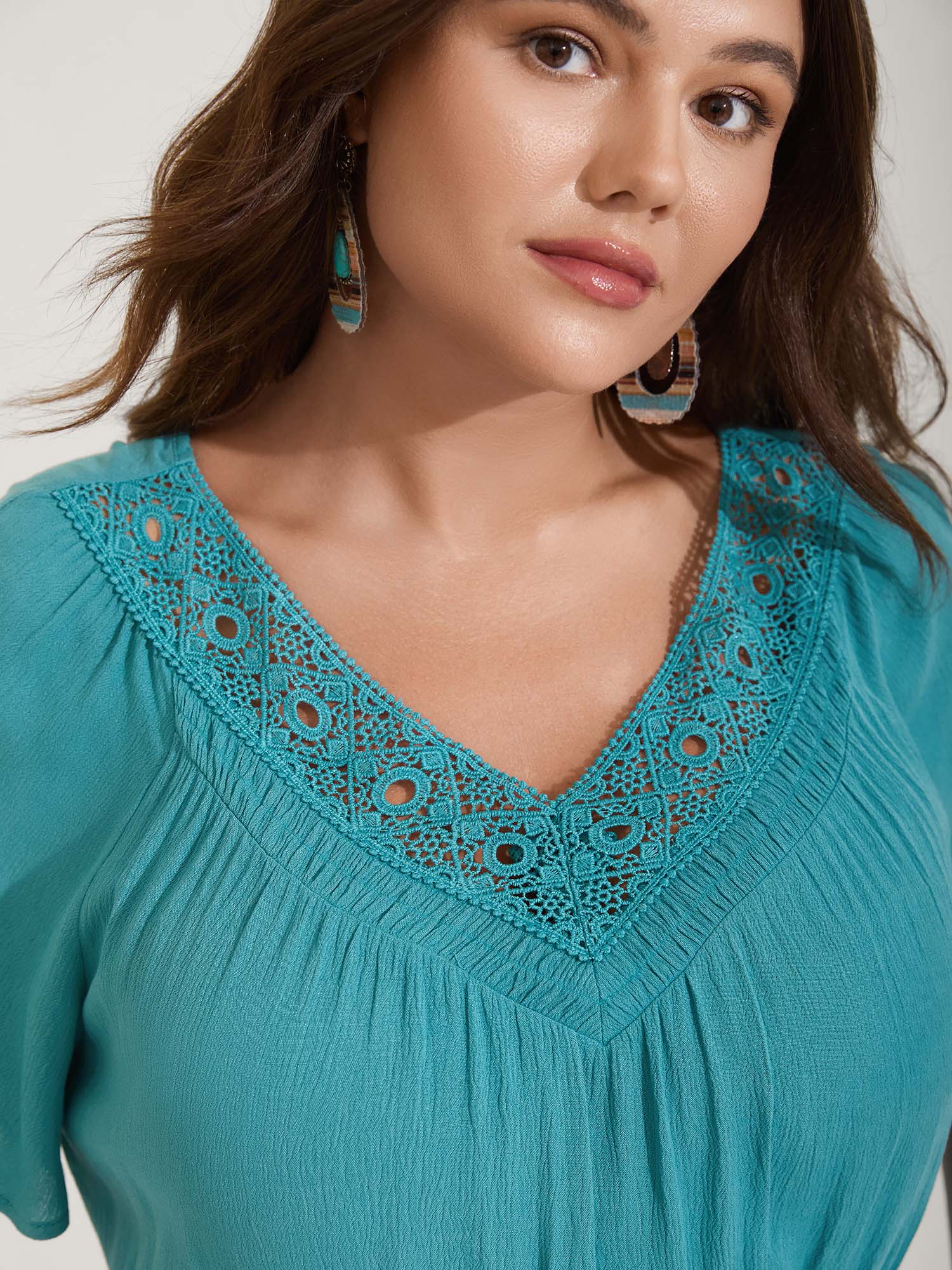 Lace Neck Flared Sleeve Midi Dress