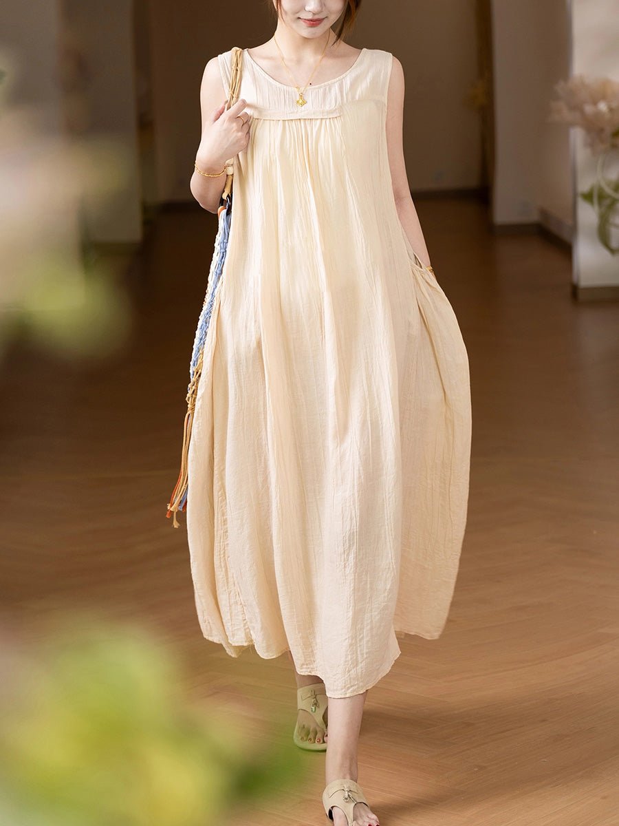 Women Summer Artsy Pure Color O-Neck Ramie Vest Dress