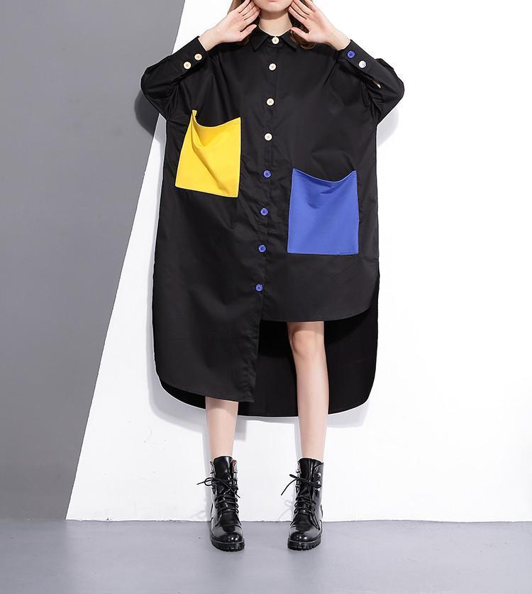 Asymmetrical Yellow And Blue Button Up Shirt Dress