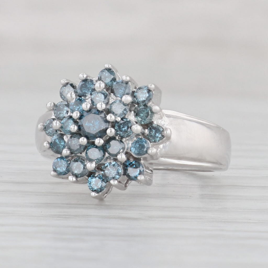 0.80ctw Blue Diamond Flower Cluster Ring 10k White Gold Size 6.5
