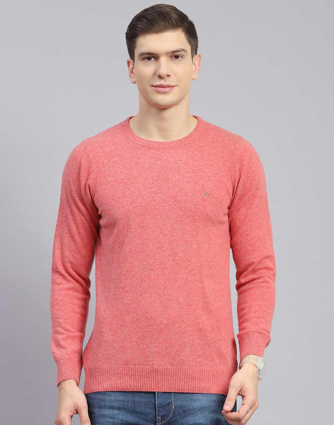 Men Pink Solid Round Neck Full Sleeve Pullover