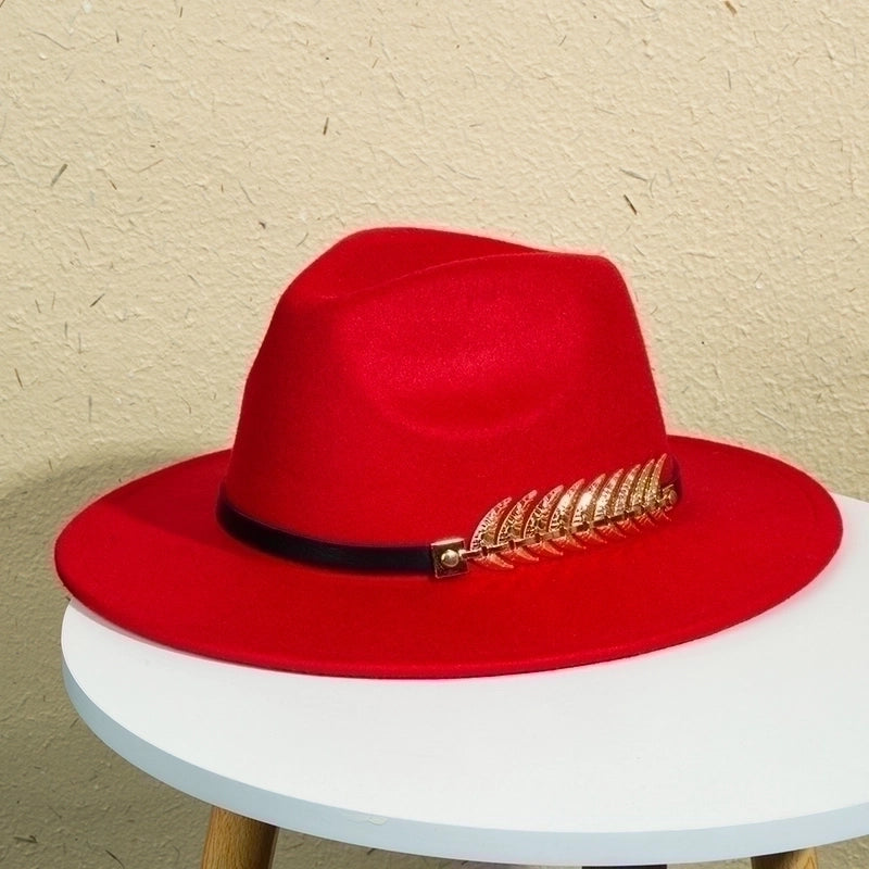 Unisex Retro Classic Style Leaves Solid Color Belt Buckle Wide Eaves Fedora Hat