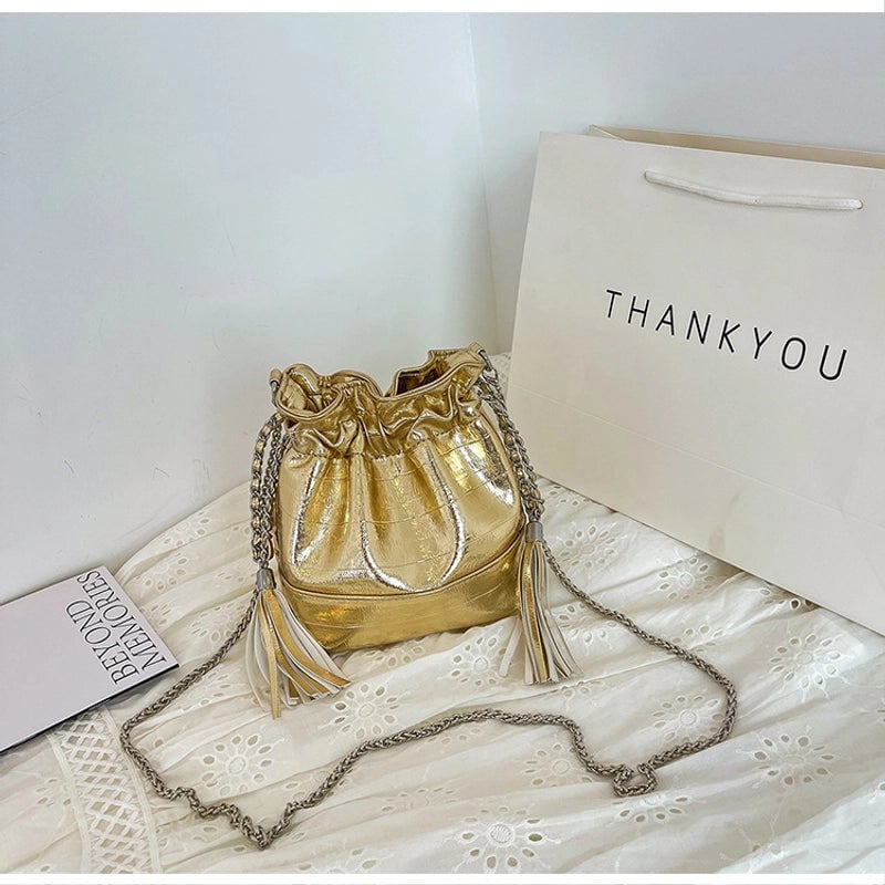 Women's Small Pu Leather Solid Color Streetwear String Bucket Bag