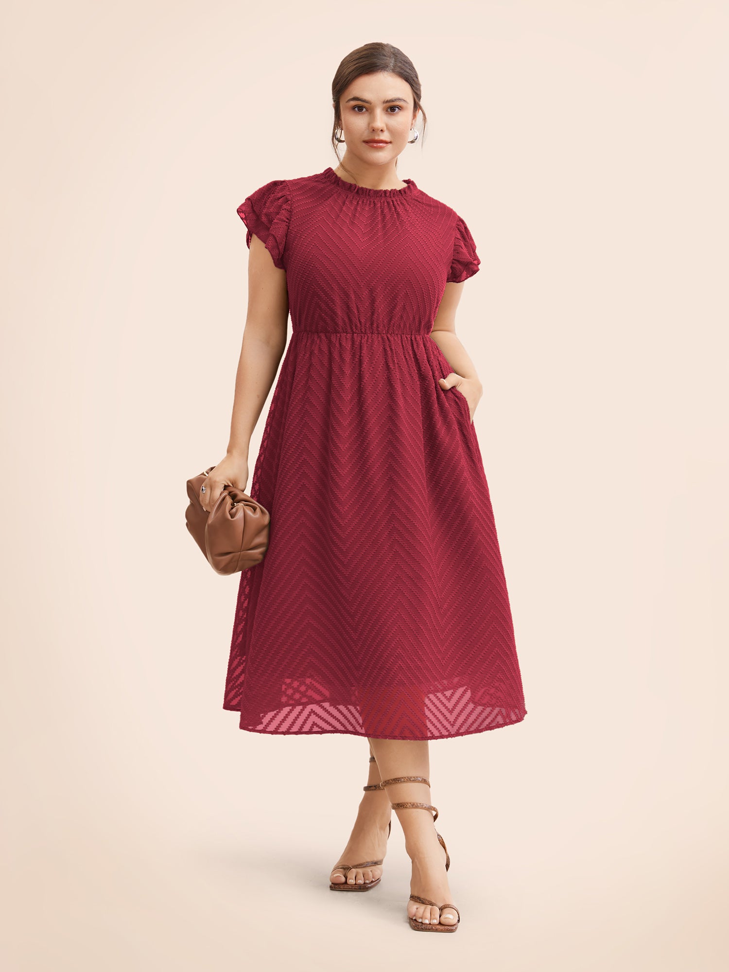 Plain Geometric Layered Sleeve Pocket Ruffle Mock Neck Dress