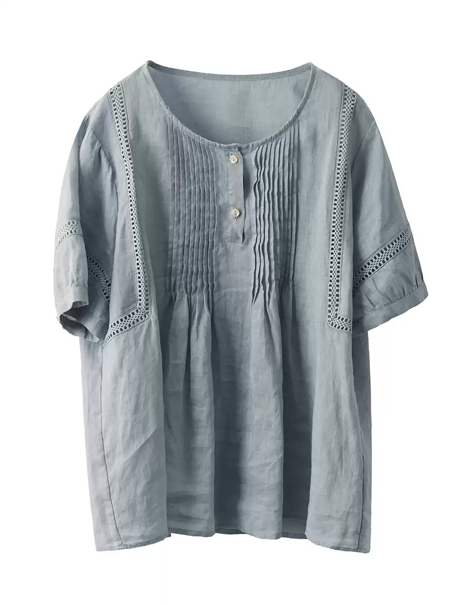 Women Summer Artsy Shirred O-Neck 100%Ramie Shirt