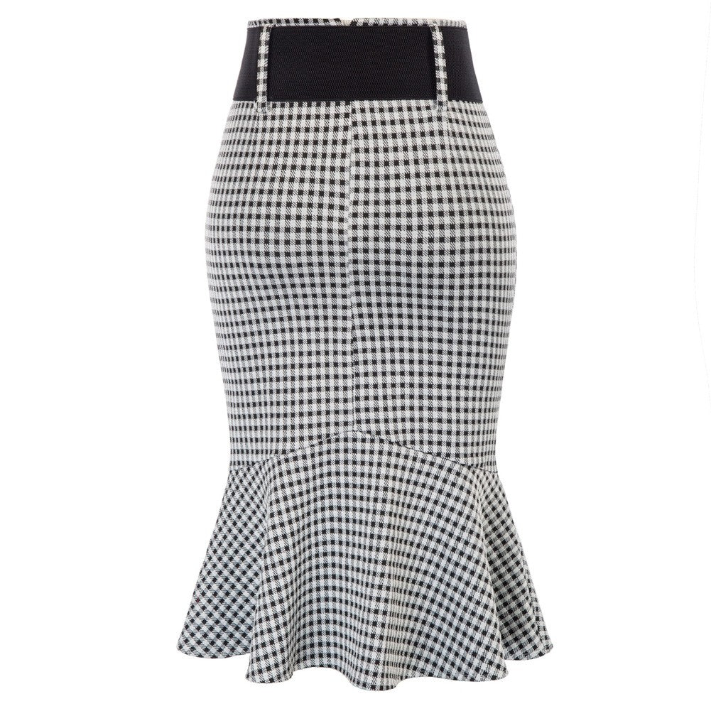 Vintage Fans Look of Houndstooth Mermaid Hem Shirred Detail Pencil Skirt with Belt