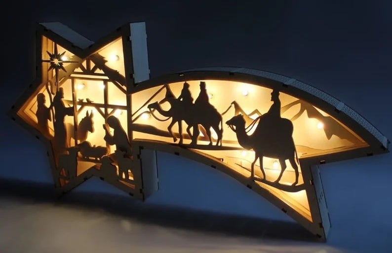 🎅LED Wooden Christmas Ornaments Nativity Scene Star Shaped Desk Lamp🌟