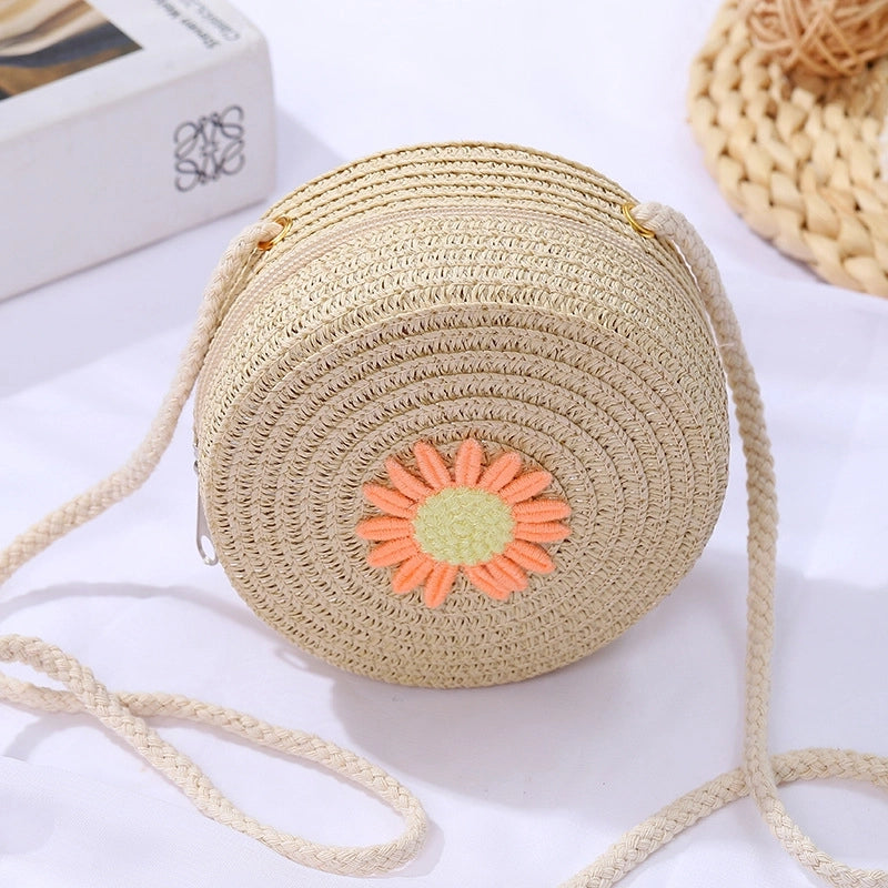 Women's Mini Straw Daisy Vintage Style Round Zipper Straw Bag