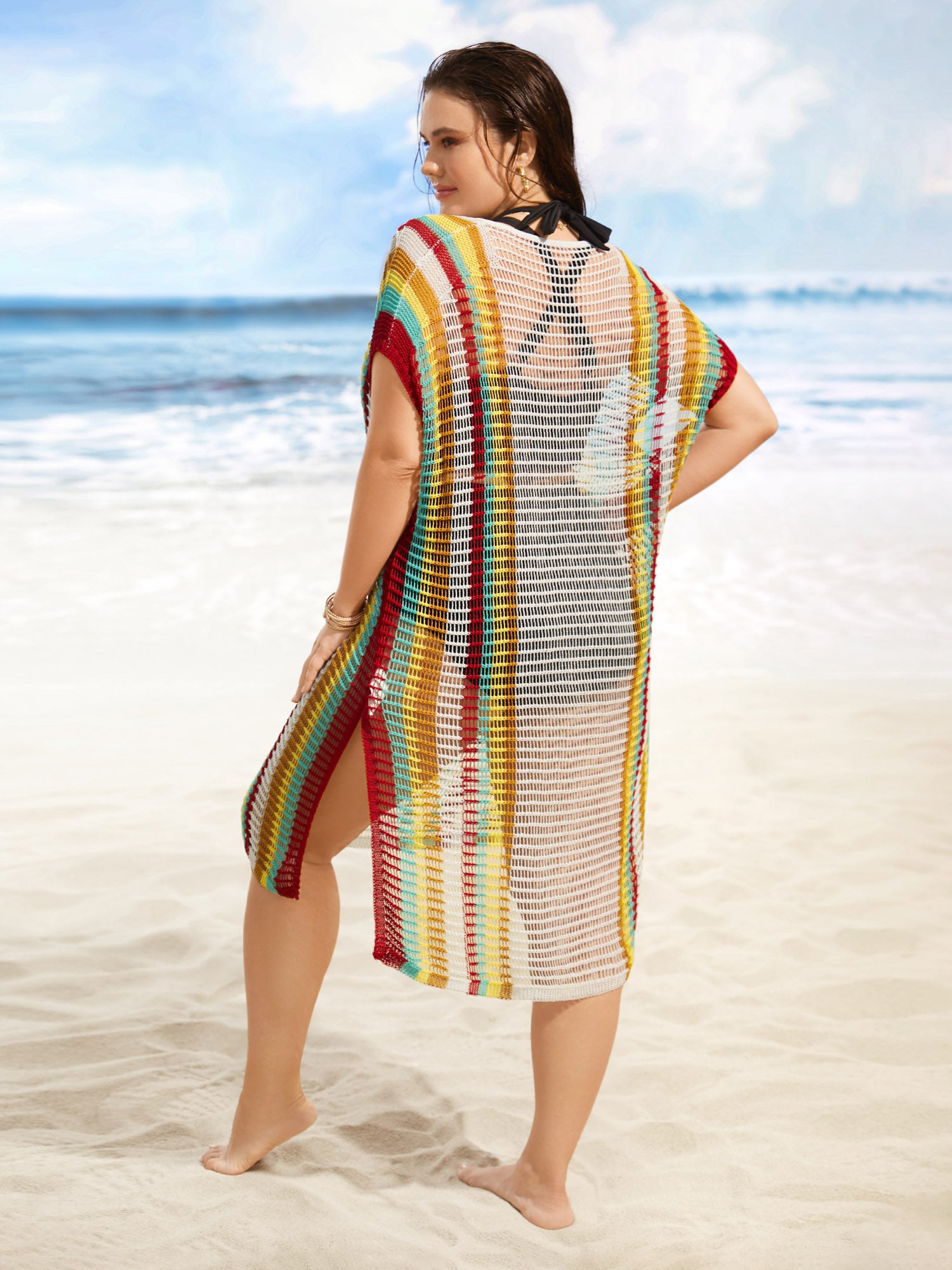 Contrast Striped Dolman Sleeve Split Side Swim Cover Up