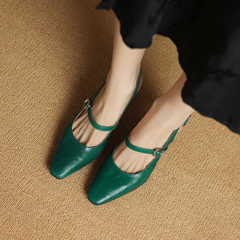 Elegant Square-Toe Slingback Pumps 80mm Kitten Heel Handmade Leather Sandals in Green/Black/Beige