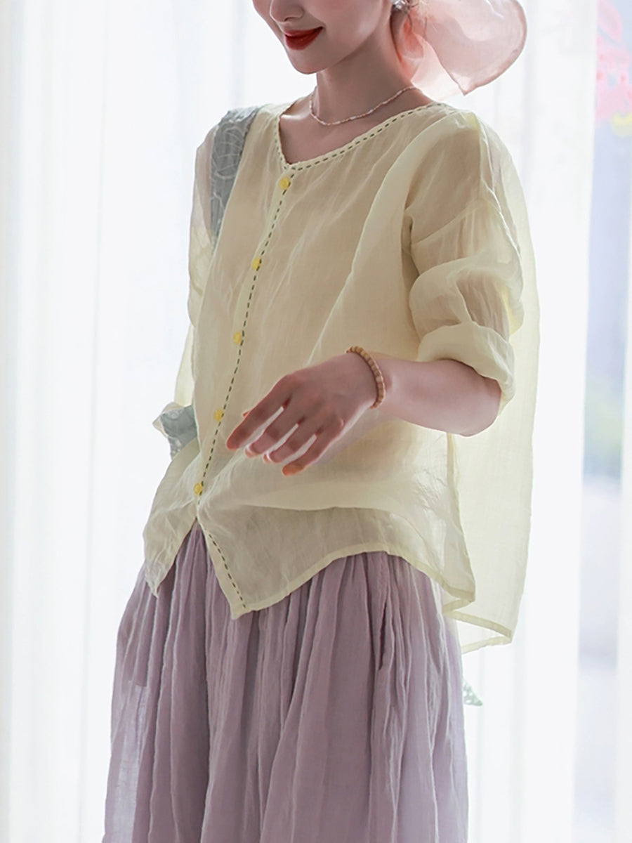 Women Summer Artsy Pure Color O-Neck 100%Ramie Shirt